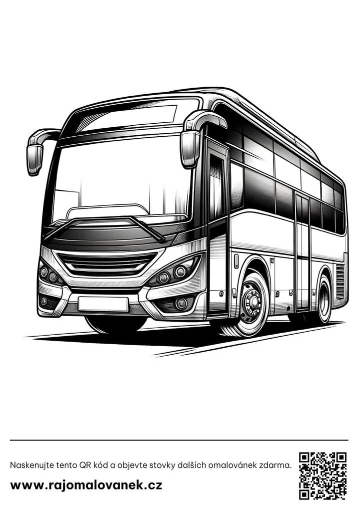 Autobusy – omaľovánka 5 Čiernobiela omaľovánka s motívom autobusy, obrázok 5, pripravená na vytlačenie