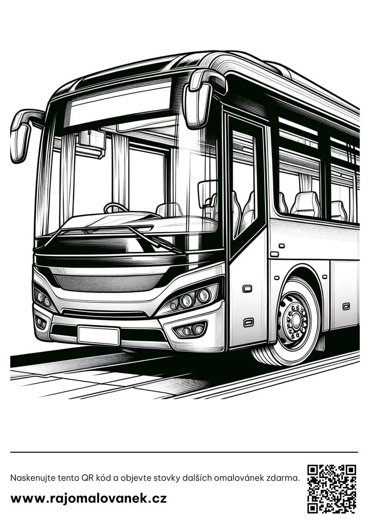 Autobusy – omaľovánka 6 Čiernobiela omaľovánka s motívom autobusy, obrázok 6, pripravená na vytlačenie