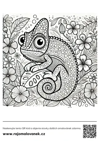 Chameleóny – omaľovánka 1 Čiernobiela omaľovánka s motívom chameleóny, obrázok 1, pripravená na vytlačenie