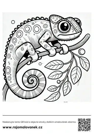 Chameleóny – omaľovánka 2 Čiernobiela omaľovánka s motívom chameleóny, obrázok 2, pripravená na vytlačenie