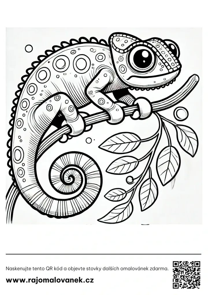 Chameleóny – omaľovánka 2 Čiernobiela omaľovánka s motívom chameleóny, obrázok 2, pripravená na vytlačenie