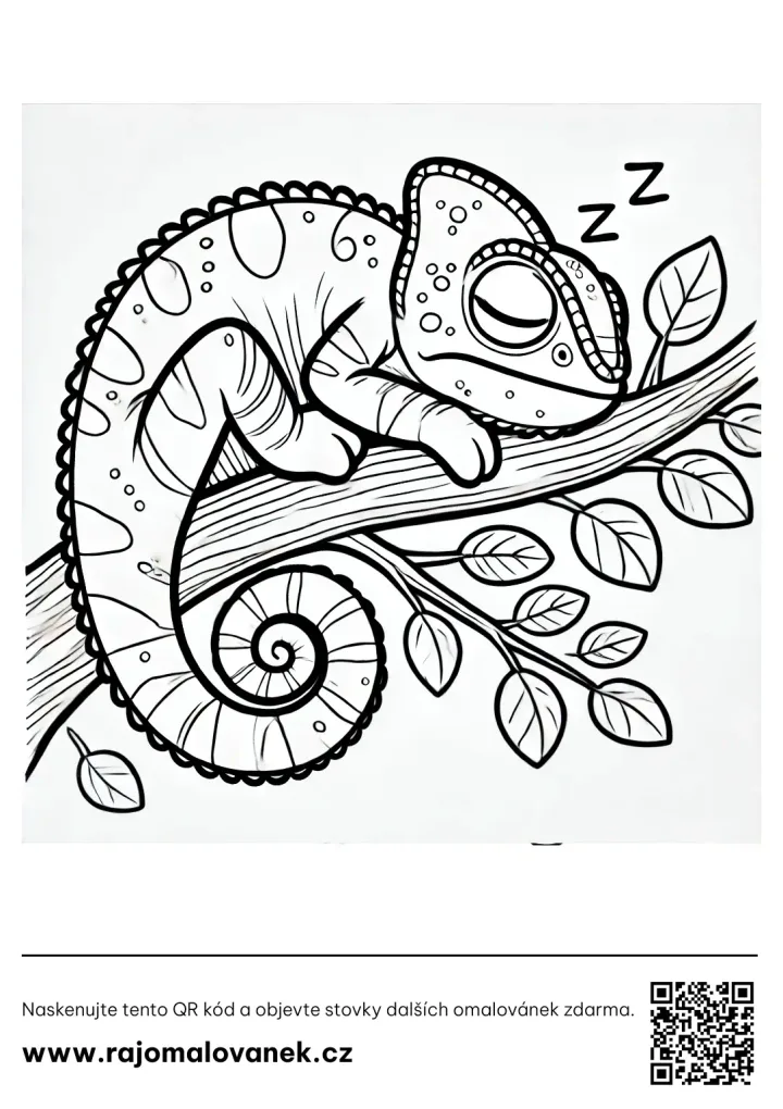 Chameleóny – omaľovánka 3 Čiernobiela omaľovánka s motívom chameleóny, obrázok 3, pripravená na vytlačenie
