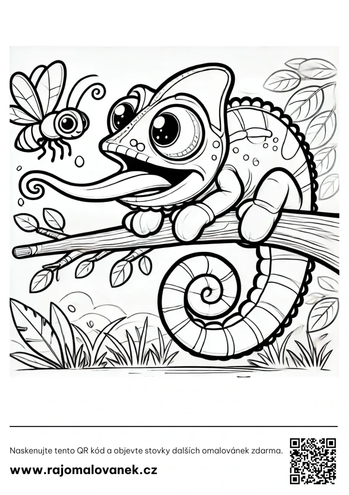 Chameleóny – omaľovánka 4 Čiernobiela omaľovánka s motívom chameleóny, obrázok 4, pripravená na vytlačenie
