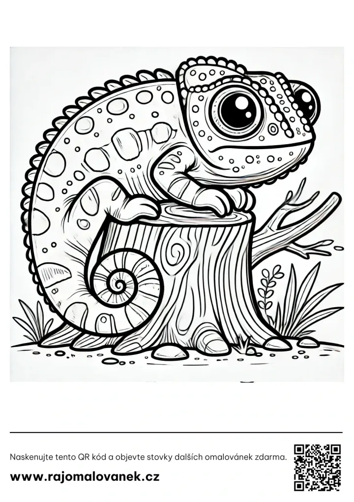 Chameleóny – omaľovánka 5 Čiernobiela omaľovánka s motívom chameleóny, obrázok 5, pripravená na vytlačenie