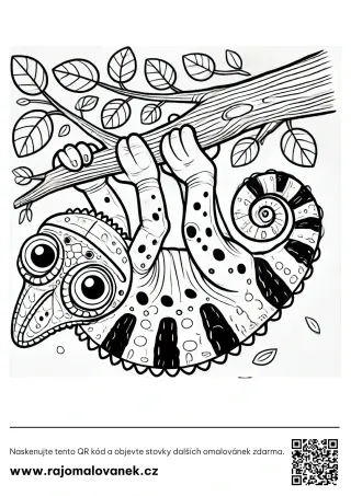 Chameleóny – omaľovánka 6 Čiernobiela omaľovánka s motívom chameleóny, obrázok 6, pripravená na vytlačenie
