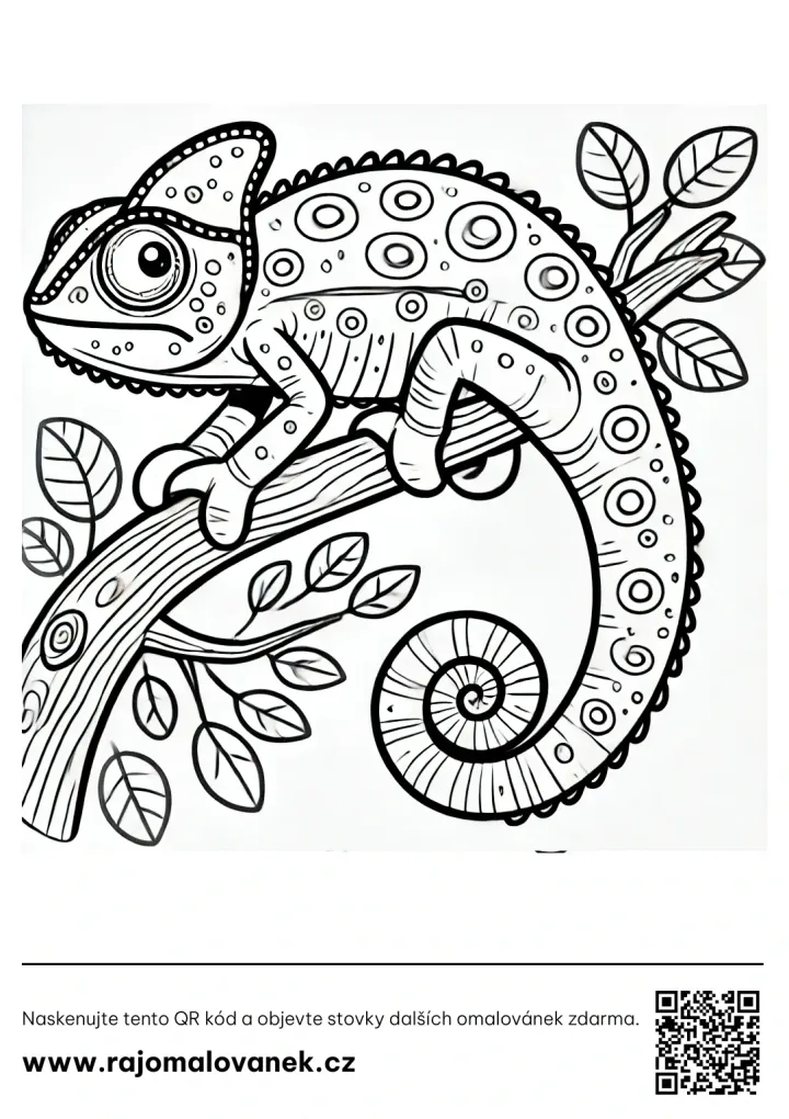 Čiernobiela omaľovánka s motívom chameleóny, obrázok 8, pripravená na vytlačenie