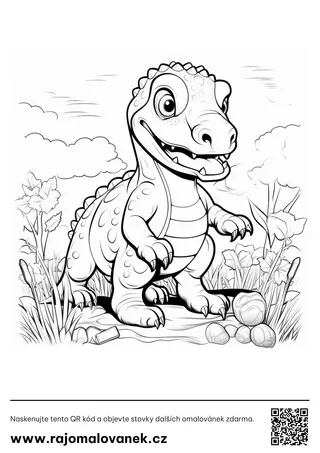 Dinosaury – omaľovánka 1 Čiernobiela omaľovánka s motívom dinosaury, obrázok 1, pripravená na vytlačenie