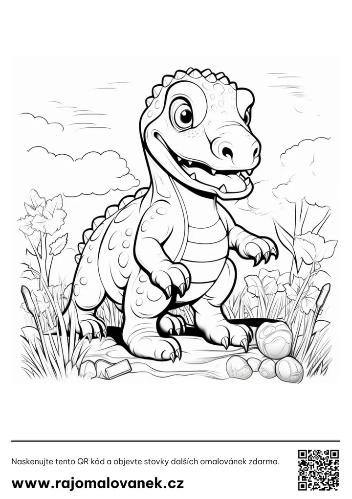 Čiernobiela omaľovánka s motívom dinosaury, obrázok 1, pripravená na vytlačenie