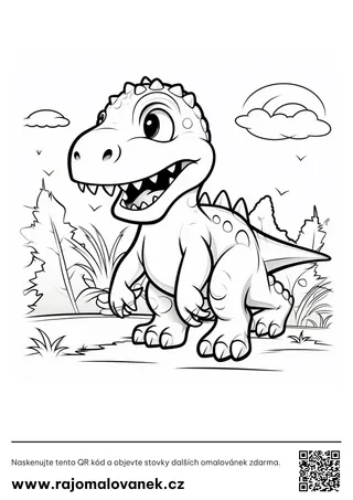 Dinosaury – omaľovánka 2 Čiernobiela omaľovánka s motívom dinosaury, obrázok 2, pripravená na vytlačenie