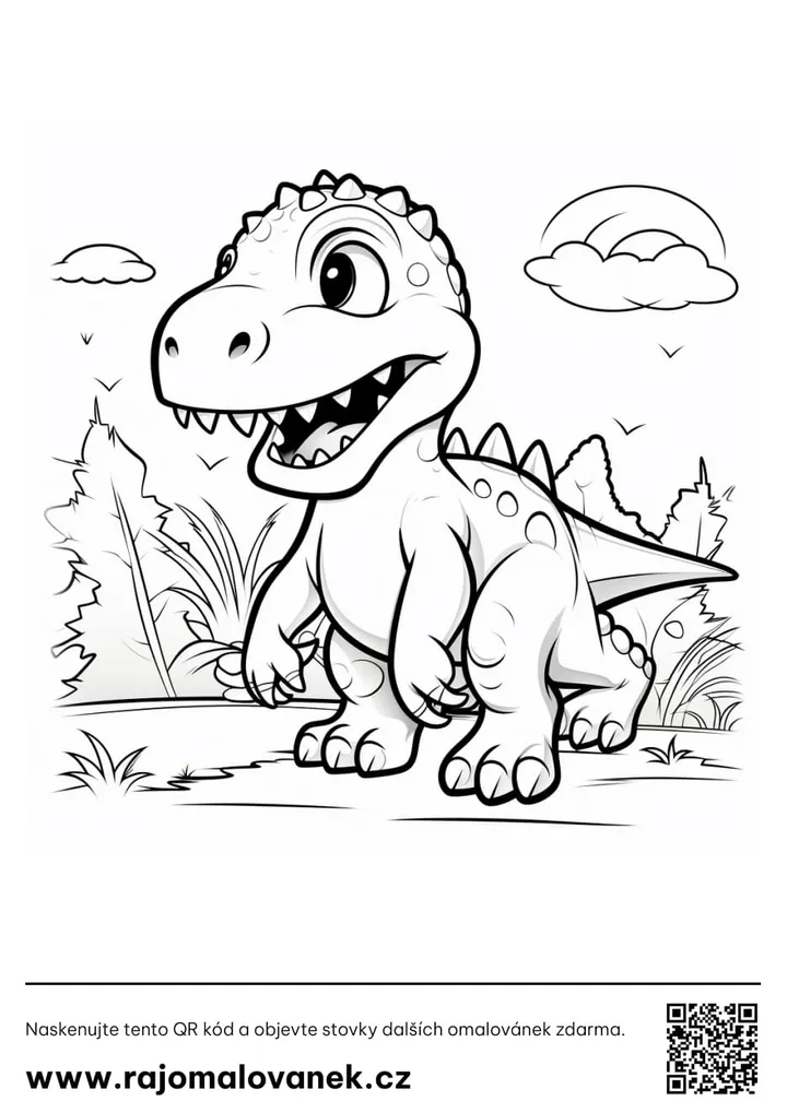 Dinosaury – omaľovánka 2 Čiernobiela omaľovánka s motívom dinosaury, obrázok 2, pripravená na vytlačenie