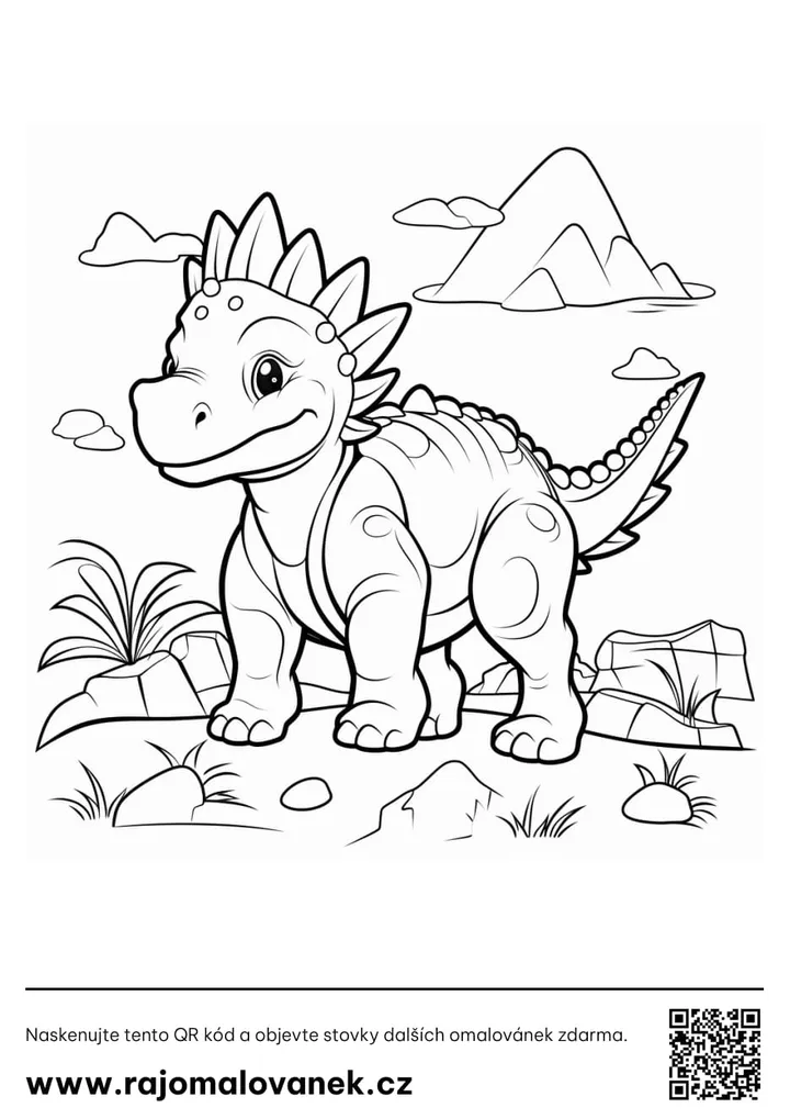 Dinosaury – omaľovánka 3 Čiernobiela omaľovánka s motívom dinosaury, obrázok 3, pripravená na vytlačenie