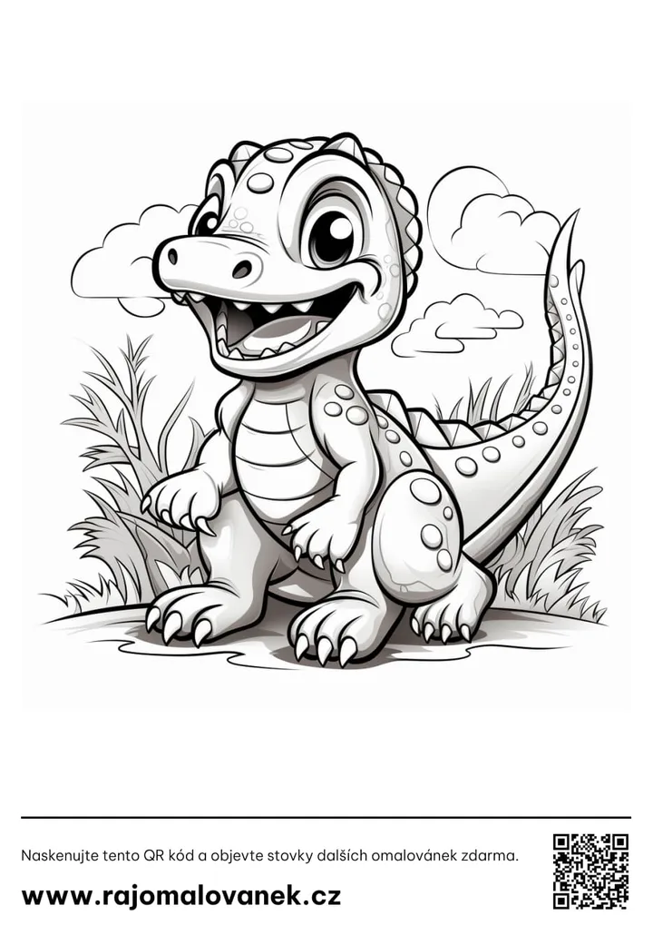 Dinosaury – omaľovánka 5 Čiernobiela omaľovánka s motívom dinosaury, obrázok 5, pripravená na vytlačenie