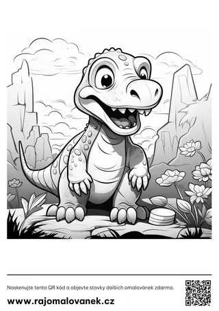 Dinosaury – omaľovánka 6 Čiernobiela omaľovánka s motívom dinosaury, obrázok 6, pripravená na vytlačenie
