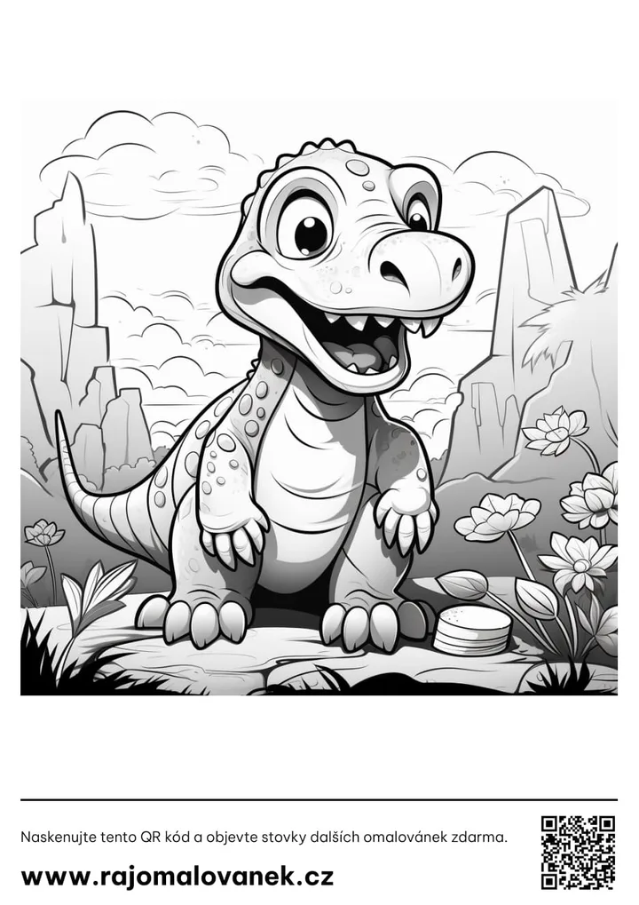 Dinosaury – omaľovánka 6 Čiernobiela omaľovánka s motívom dinosaury, obrázok 6, pripravená na vytlačenie