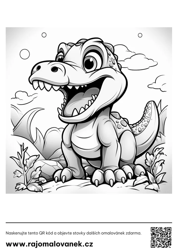 Dinosaury – omaľovánka 8 Čiernobiela omaľovánka s motívom dinosaury, obrázok 8, pripravená na vytlačenie