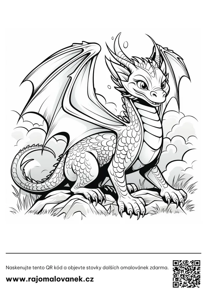 Čiernobiela omaľovánka s motívom draci, obrázok 8, pripravená na vytlačenie