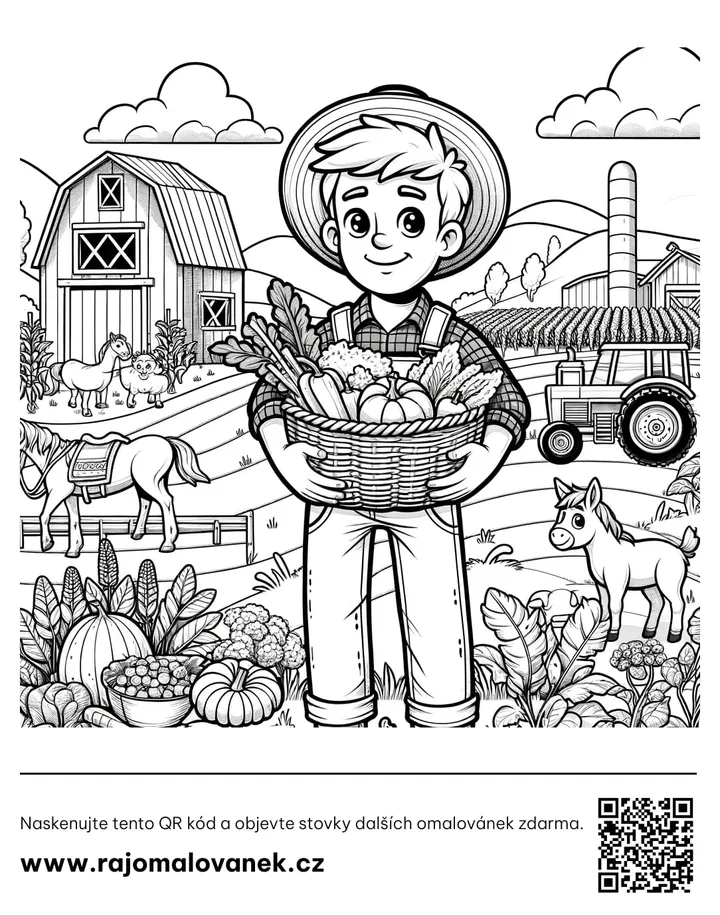 Farma – omaľovánka 6 Čiernobiela omaľovánka s motívom farma, obrázok 6, pripravená na vytlačenie