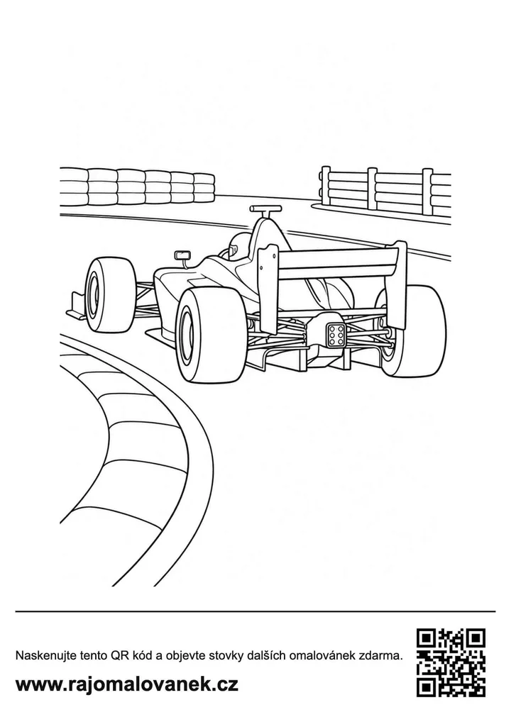 Formula zozadu v zákrute Omaľovánka pretekárskej formule zozadu pri prejazde zákrutou s bariérami