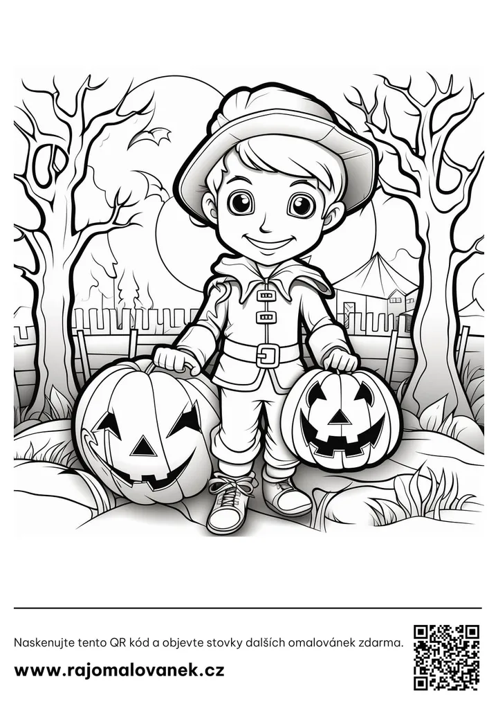 Čiernobiela omaľovánka s motívom halloween, obrázok 2, pripravená na vytlačenie