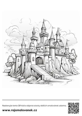 Hrady – omaľovánka 5 Čiernobiela omaľovánka s motívom hrady, obrázok 5, pripravená na vytlačenie