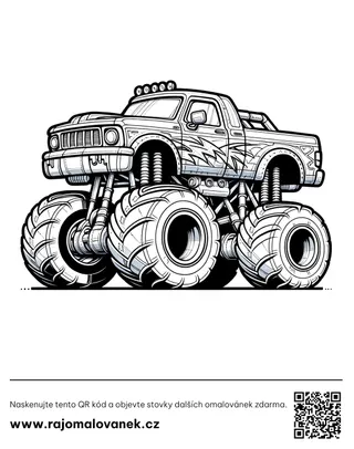 Monster trucky – omaľovánka 4 Čiernobiela omaľovánka s motívom monster trucky, obrázok 4, pripravená na vytlačenie