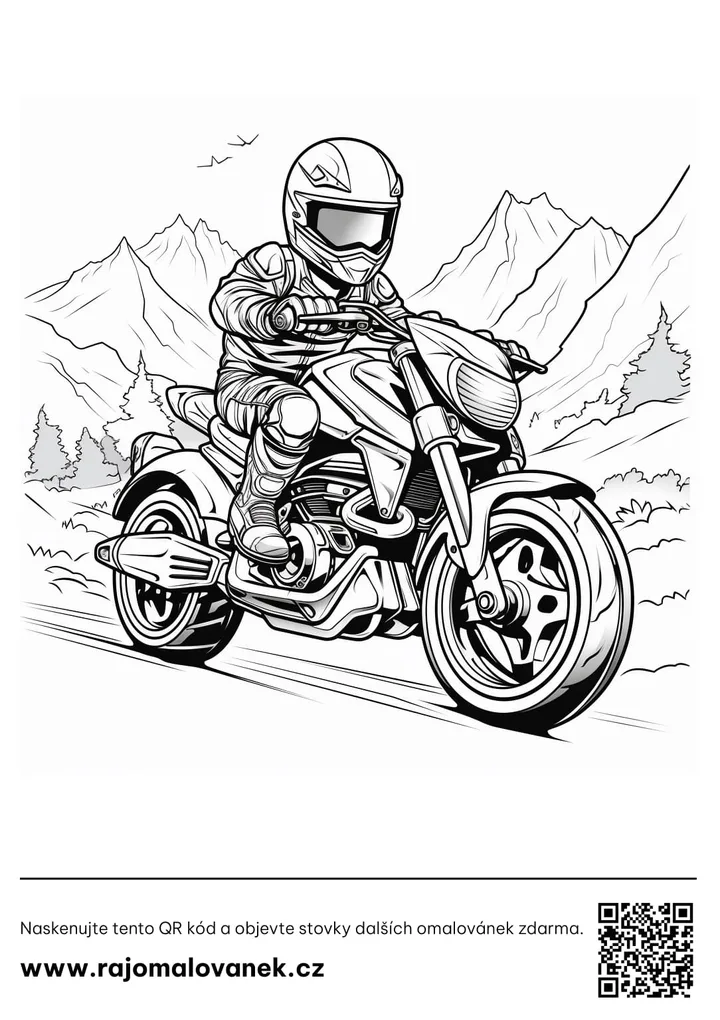 Čiernobiela omaľovánka s motívom motorky, obrázok 5, pripravená na vytlačenie