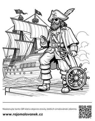 Piráti – omaľovánka 6 Čiernobiela omaľovánka s motívom piráti, obrázok 6, pripravená na vytlačenie