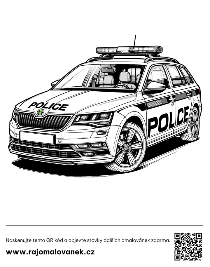 Polícia – omaľovánka 6 Čiernobiela omaľovánka s motívom polícia, obrázok 6, pripravená na vytlačenie
