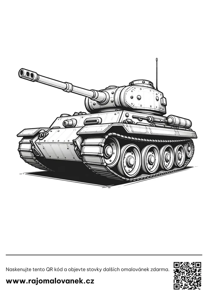 Čiernobiela omaľovánka s motívom tanky, obrázok 7, pripravená na vytlačenie